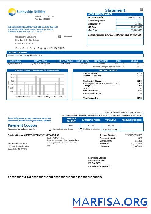 Printable USA Washington Sunnyside Utilities water business utility bill template in Word and PDF formats